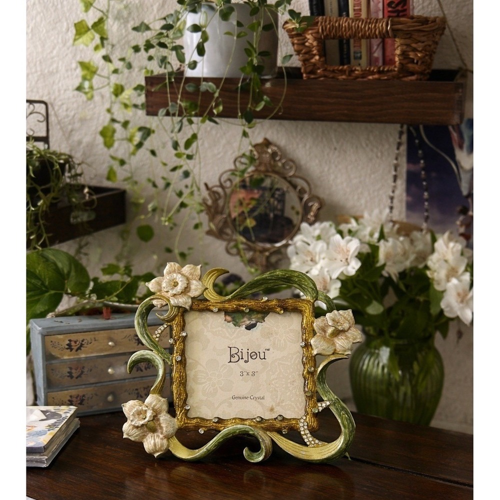 Bijou Art Fairy Frame Nouveau Floral 3x3 Genuine Crystal Enamel Gold Green